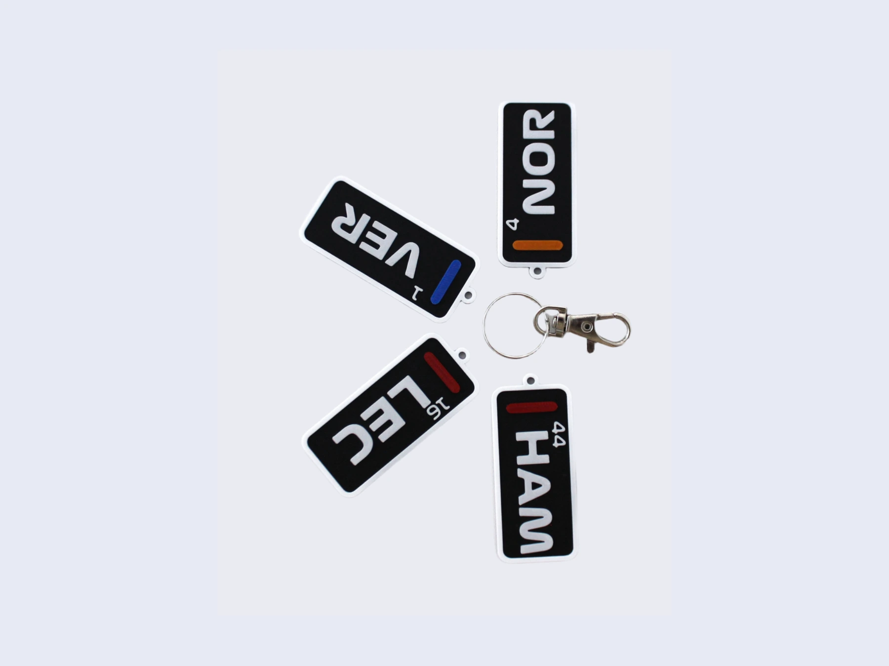 Мини-брелоки Формулы-1 с номерами VER, NOR, LEC и HAM